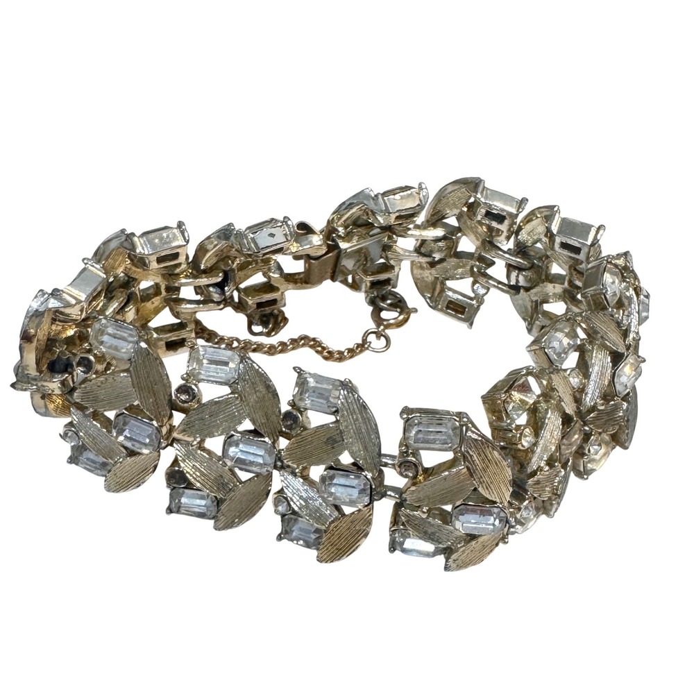 Francois Vintage Gold Tone Leaf Link Bracelet Clear Baguette‎ Rhinestone Signed